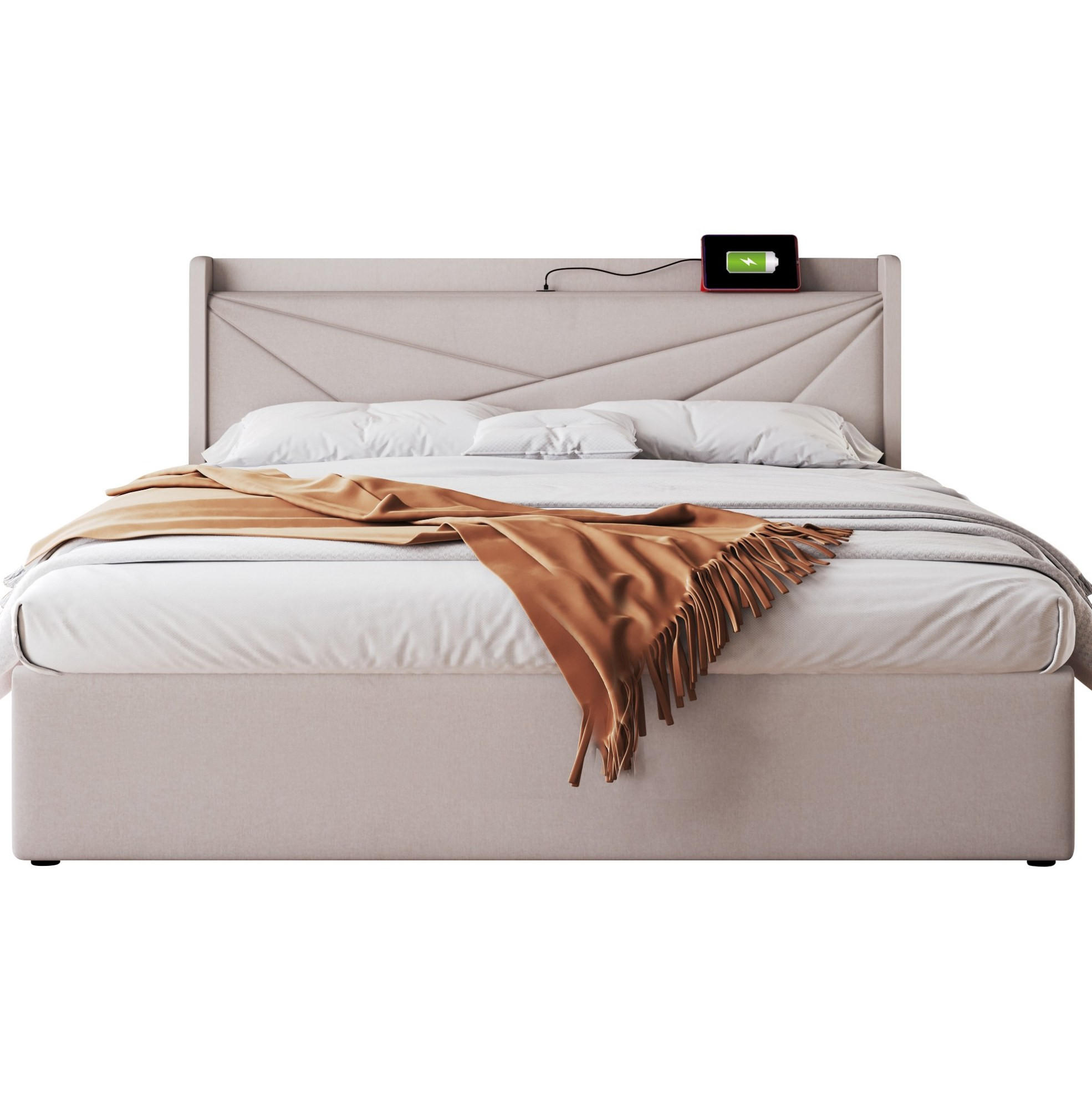 POLSTERBETT 160/200 cm Beige mit Stauraum und USB- und Type-C-Anschlüssen - Beige, Textil (160/200cm) - Flora Grace