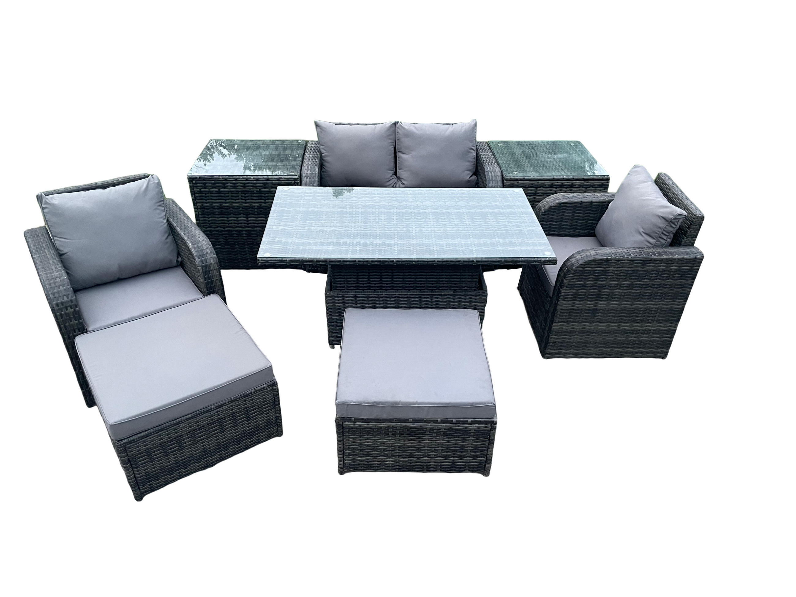 GARTENMÖBEL SET mit Sofa Polyrattan 6-Sitzer - Dunkelgrau/Grau, Glas/Kunststoff - Fimous