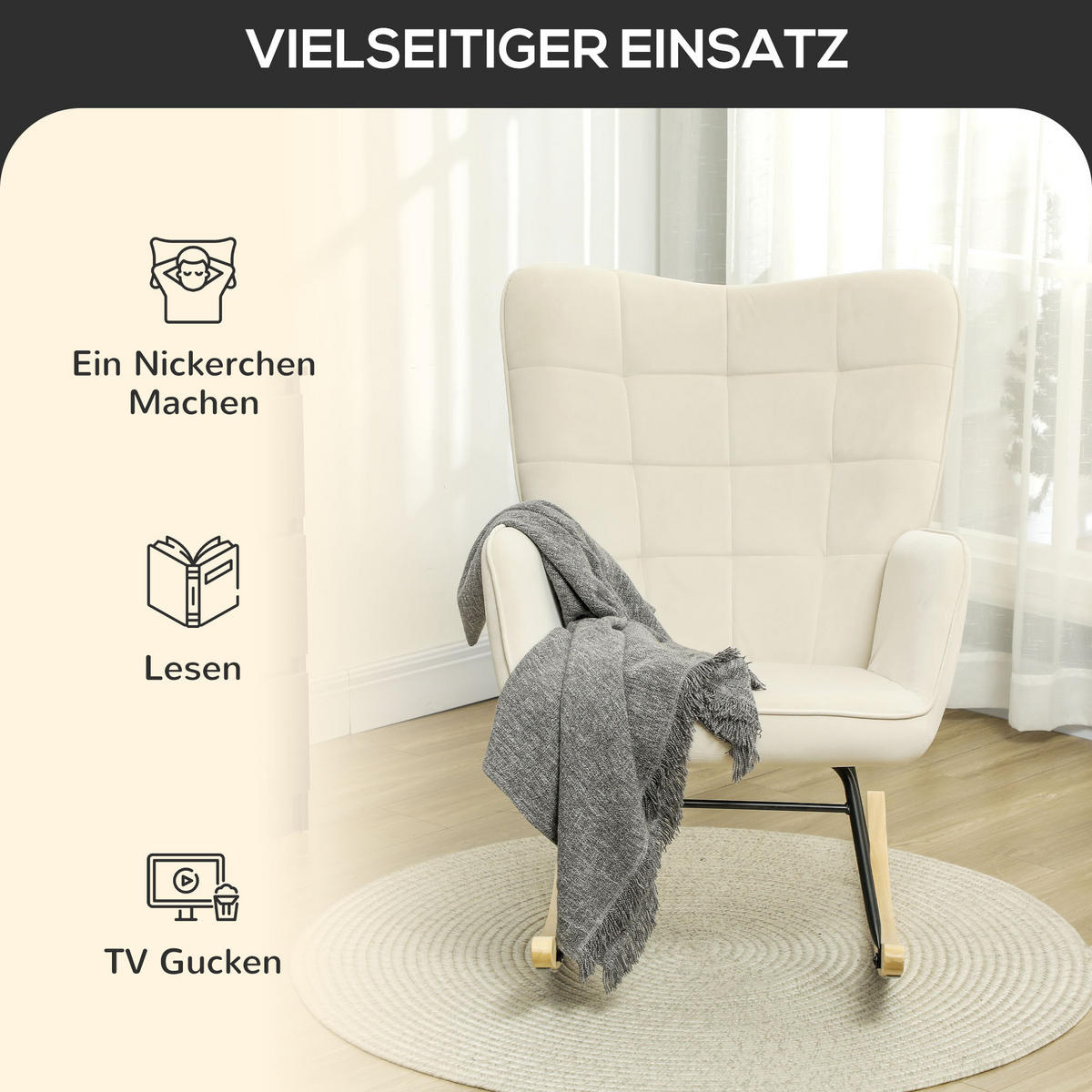 SCHAUKELSTUHL, Schaukelsessel mit Samtoptik, Armlehne für Wohnzimmer, Beige - Beige/Naturfarben, Buchenholz/Textil (98/101/71cm) - HOMCOM