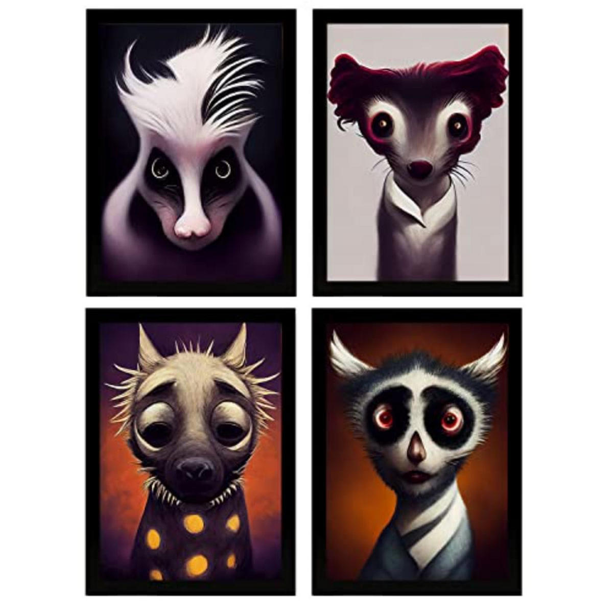 POSTER Set mit 4 Rot Tier im T Burton Goth Stil A3 Schwarzer Rahmen - Schwarz, Papier (29.7/3cm) - Nacnic