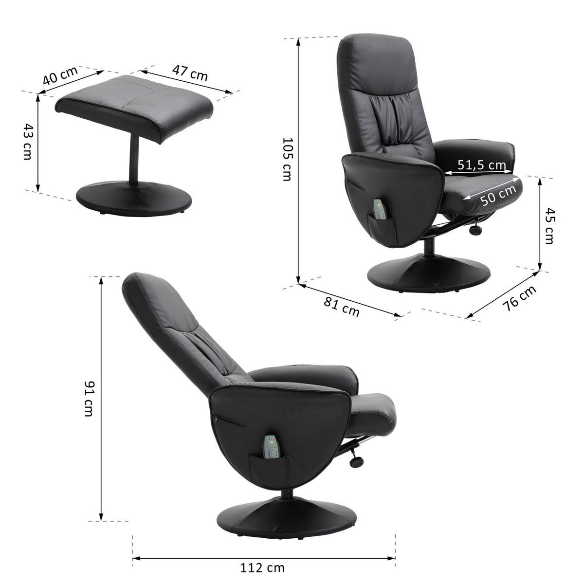 RELAXSESSEL Massagesessel mit Liegefunktion Fußhocker Stauraum TV-Sessel Schwarz - Schwarz, Kunststoff/Metall (81/105/76cm) - HOMCOM