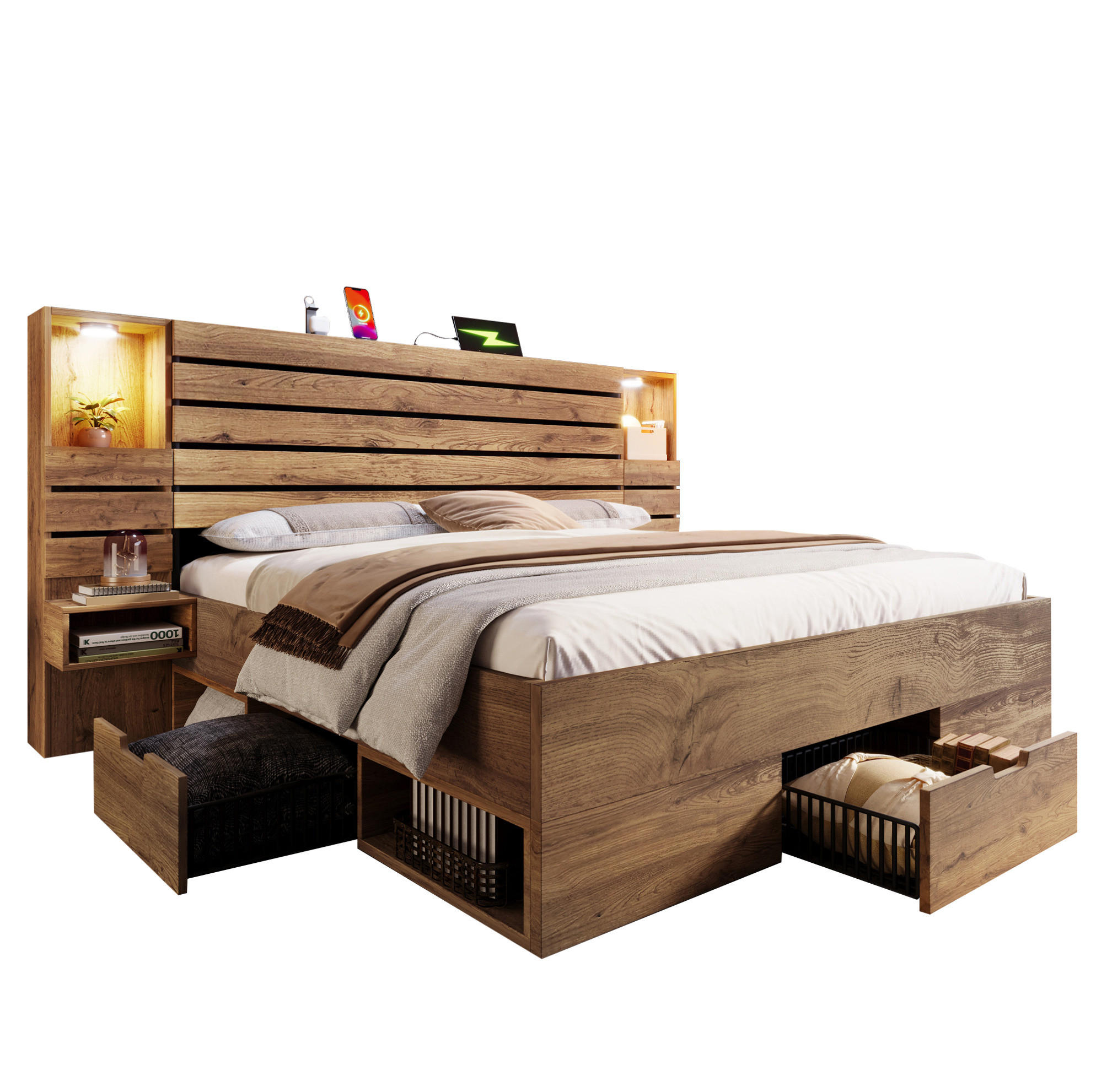 POSTEĽ 160/200 cm, dekor dub, s LED osvetlením, USB a úložným priestorom - farba duba, kompozitné drevo (160/200cm) - BEAOK