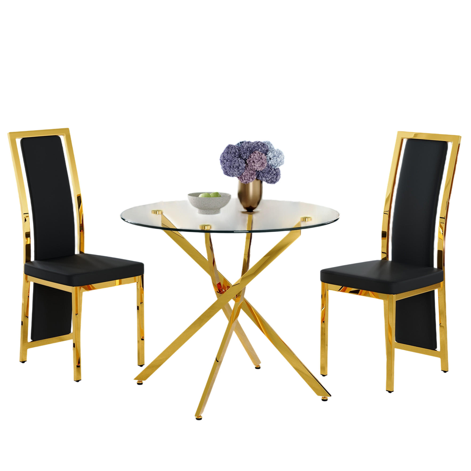 ESSGRUPPE DE-39460 3-teilig, Glastisch und 2 Stühlen mit Goldkante Schwarz - Schwarz, Metall (88/75/88cm) - ComfortXL