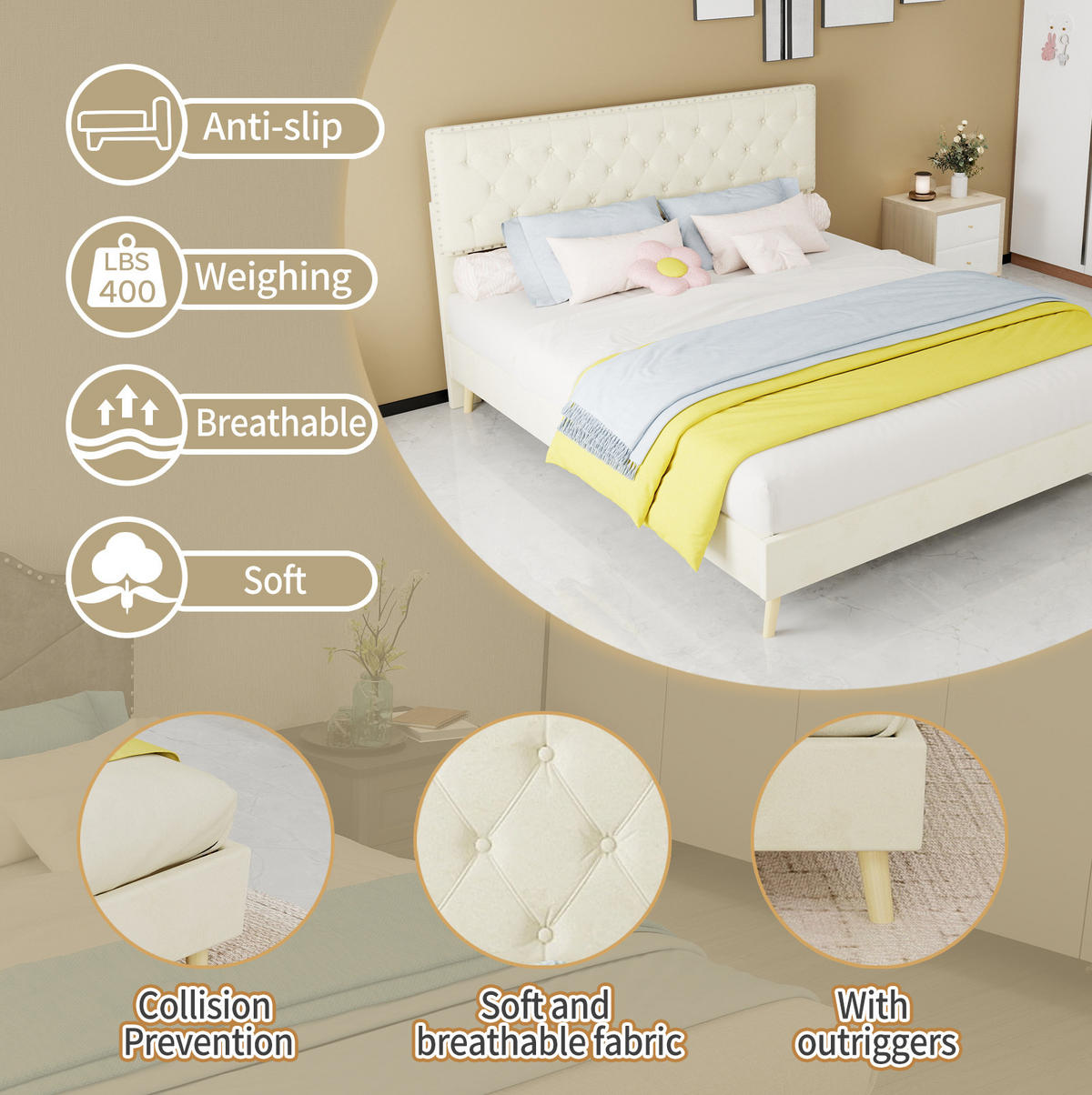 POLSTERBETT aus Stoff und Metall 160x200 cm Beige mit hoher Samtkopfteil und Stauraum - Beige, Textil (160/200cm) - IVMEU