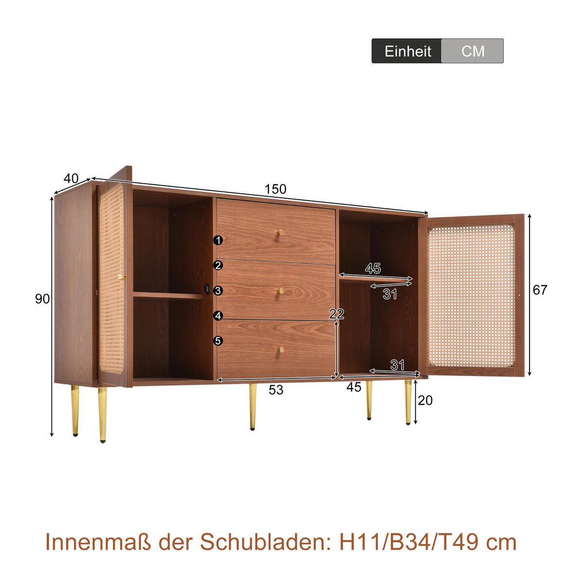 KOMMODE mit 2 Türen, 3 Schubladen, Rattan-Optik und verstellbaren Einlegeböden, 150 x 40 x 90 cm, Walnuss, Holz und Metall - Walnussfarben, Holzwerkstoff (150/90/40cm) - SONNENH