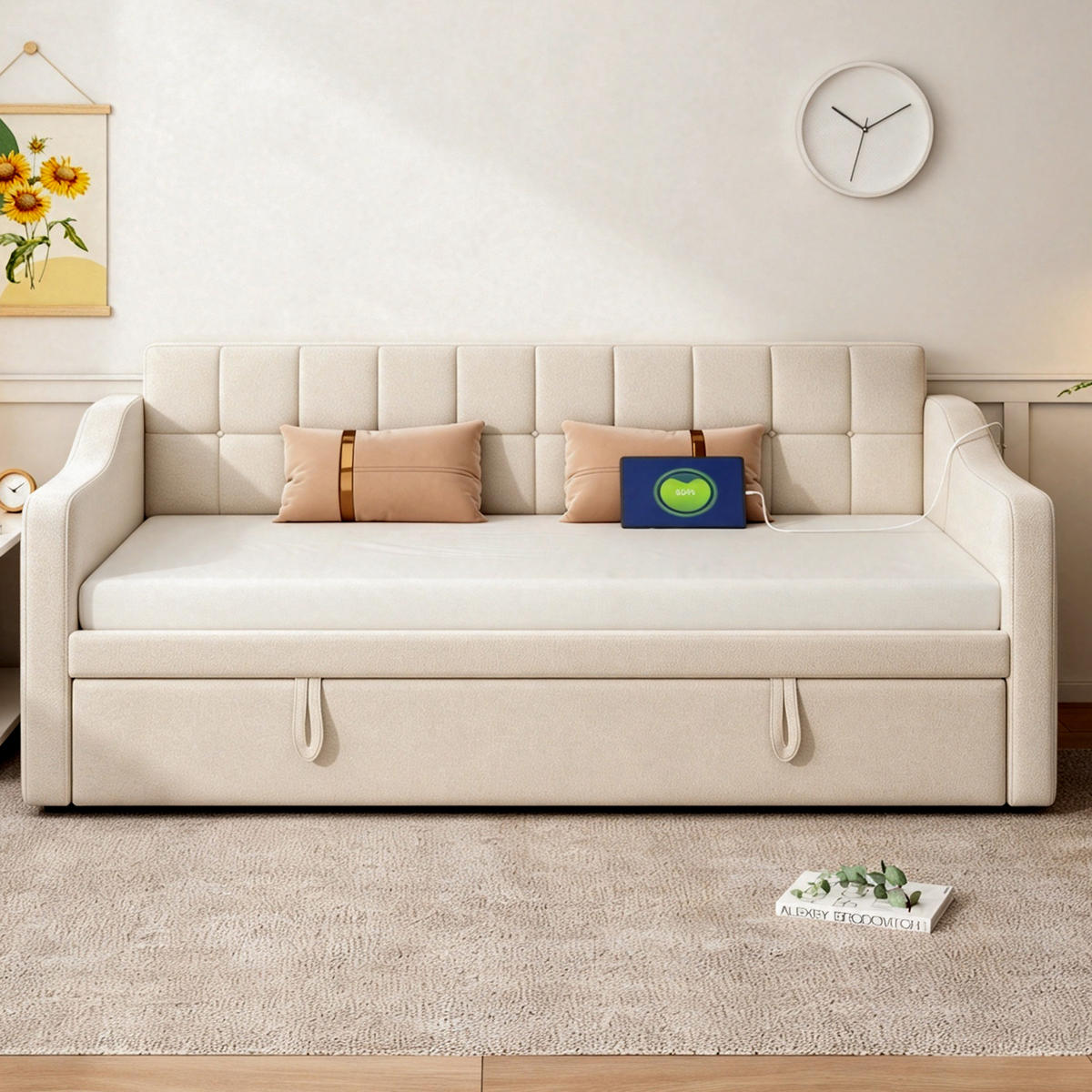 AUSZIEHBETT 90/180/190 cm, DE-01999, in Beige - Beige, Metall (90/190cm) - ComfortXL