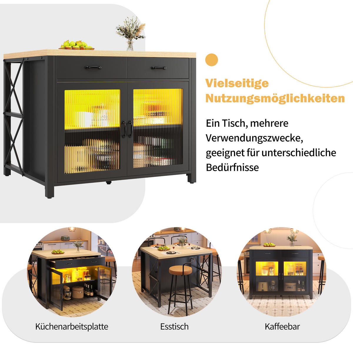 KÜCHENINSEL 100/80/90 cm Schwarz mit 2 Schubladen, LED-Lichtleiste und verstellbare Füße - Schwarz, Holz/Holzwerkstoff (110/91/40cm) - Oxeza