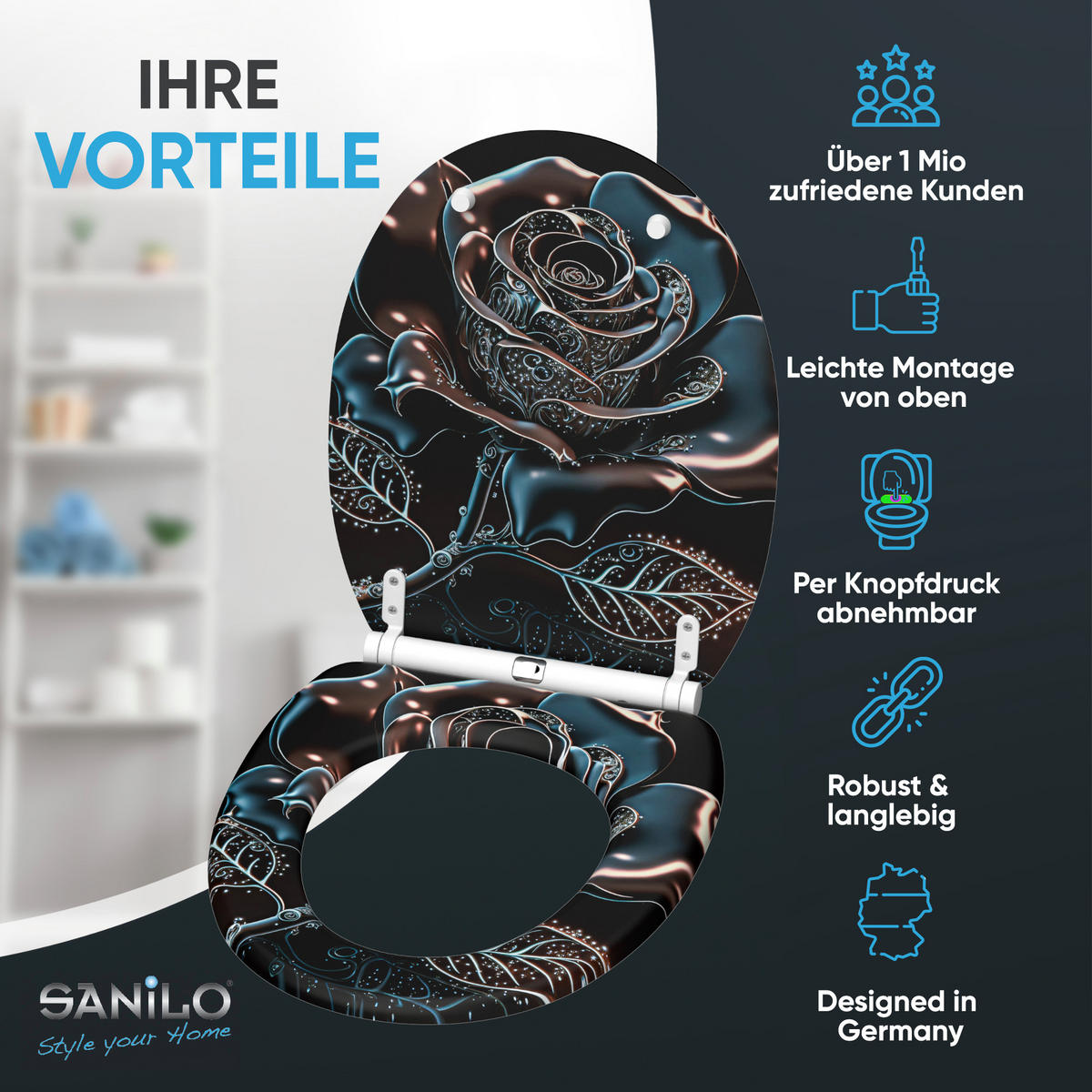 WC-SITZ mit Absenkautomatik & Top Fix Black Rose - Schwarz, Holzwerkstoff (37.7/5/48cm) - Sanilo