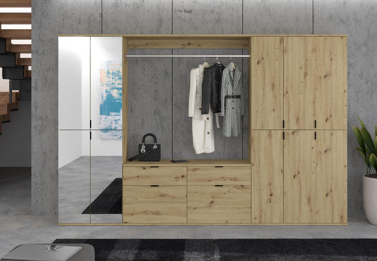 GARDEROBEN-SET in Artisan Eiche 121 cm, Komplettset mit Kleiderstange - Schwarz/Eiche Artisan, Holzwerkstoff/Metall (121/79/34cm) - Inn.Furn