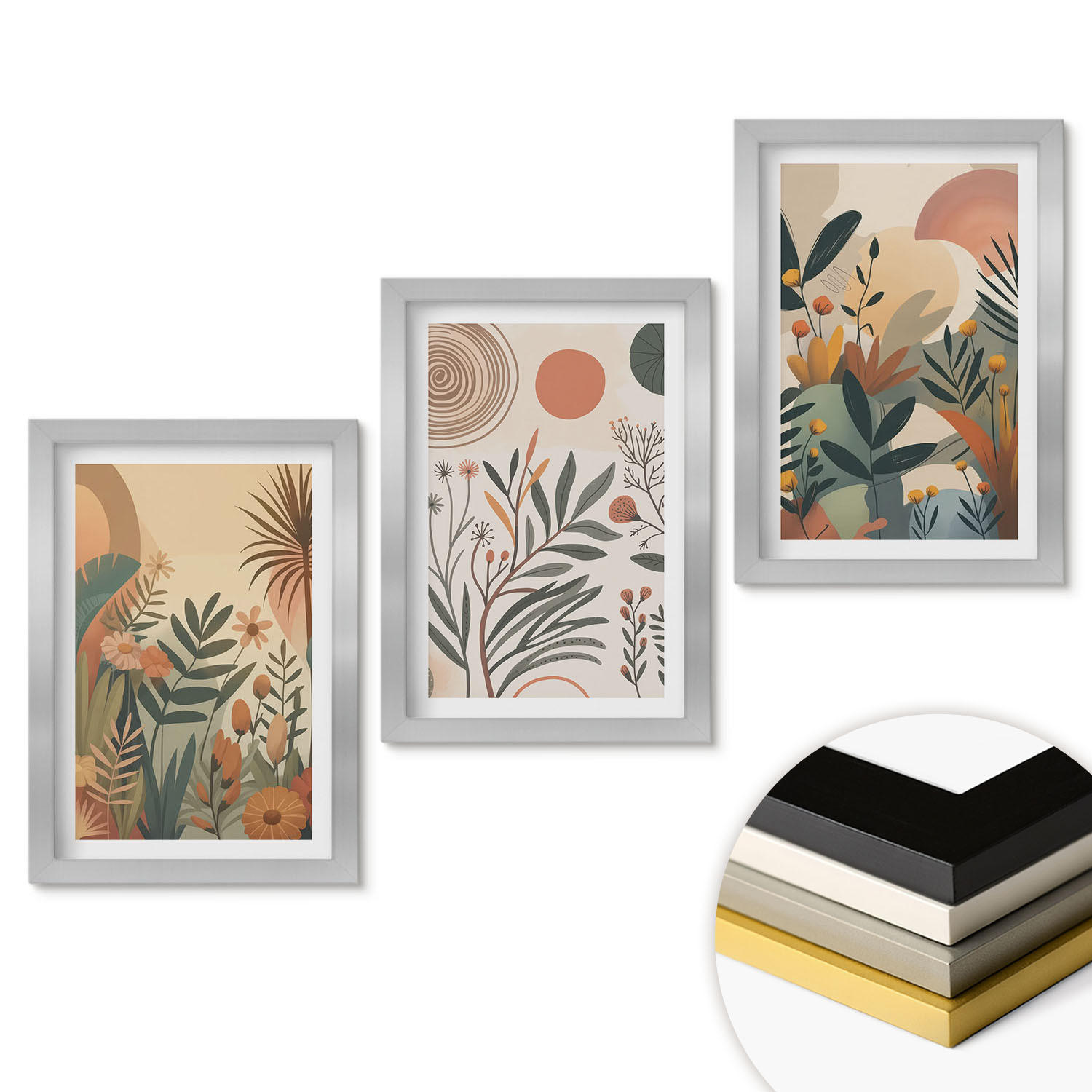 WANDBILDER 3er Set - 20x30 cm Silberner Rahmen - Pflanzenmotive in gedeckten Farben - Silberfarben, Kunststoff (20/30cm) - ArtPrintCave