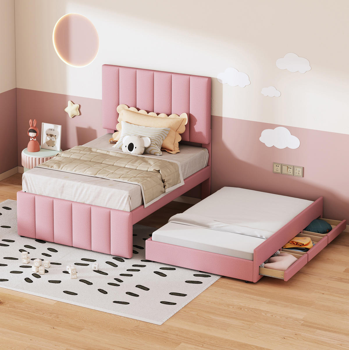 POLSTERBETT 90/200 cm aus Leinen mit Rollbett und 3 Schubladen Rosa - Pink, Textil (90/200cm) - Modenvie