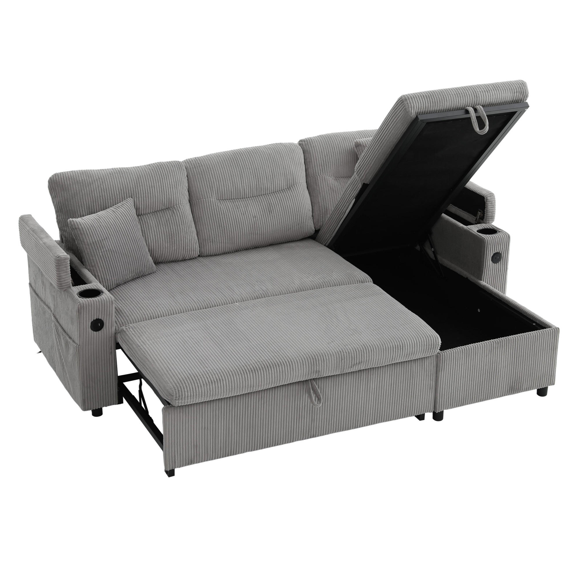 SOFA 212,5/136/86 cm in Hellgrau mit Stauraum, USB- und Type-C-Anschlüssen - Hellgrau, Textil (136/86/212.5cm) - Flora Grace