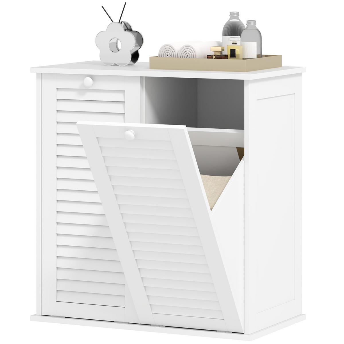 WÄSCHESCHRANK DE-10360 2 Kippbehälter und Lamellentüren Weiß - Weiß, Holzwerkstoff (38/73/70cm) - ComfortXL