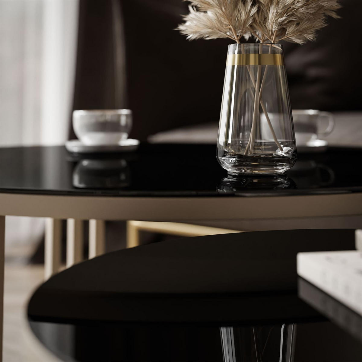 COUCHTISCH LORI 2in1 KASCHMIR mit Glasplatte Kaschmir / Glas Schwarz - Kaschmir/Schwarz, Holzwerkstoff (70/70/48cm) - Lookway