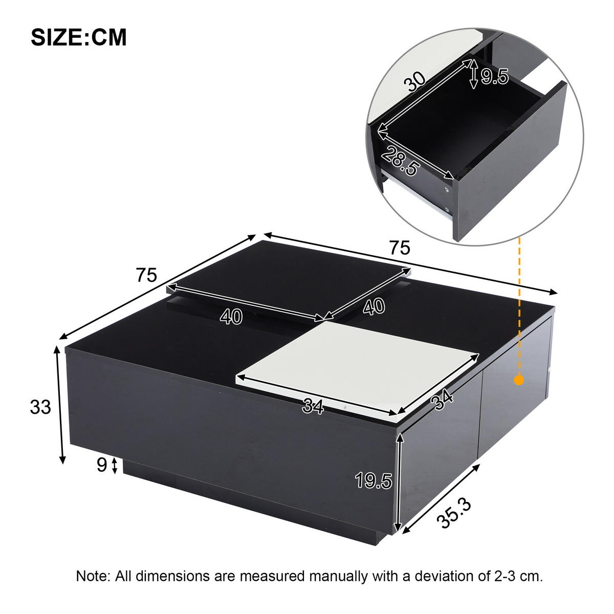 COUCHTISCH 75/75/33,5 cm hochglänzend schwarz mit weißen Kontrasten und verschiebbaren Tischplatten - Schwarz, Holzwerkstoff (75/75/33.5cm) - OKWISH