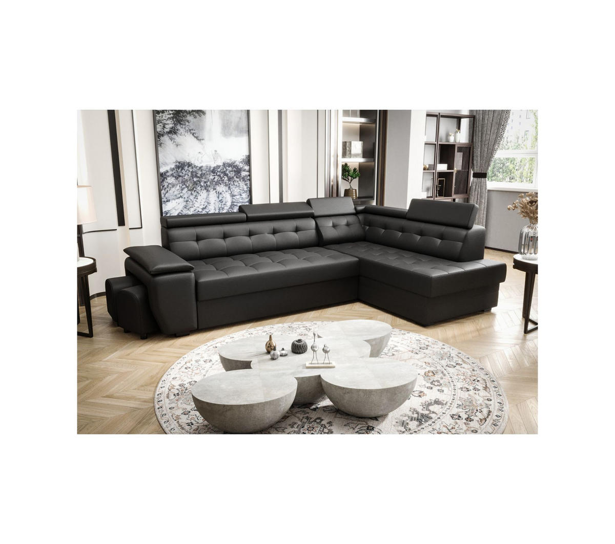 ECKSOFA KONGO RBN15, Eckcouch in L-Form mit Schlaffunktion, Farbe: Schwarz, Kunstleder, Ottomane Rechts - Schwarz, Textil (277/180cm) - O-Sofa