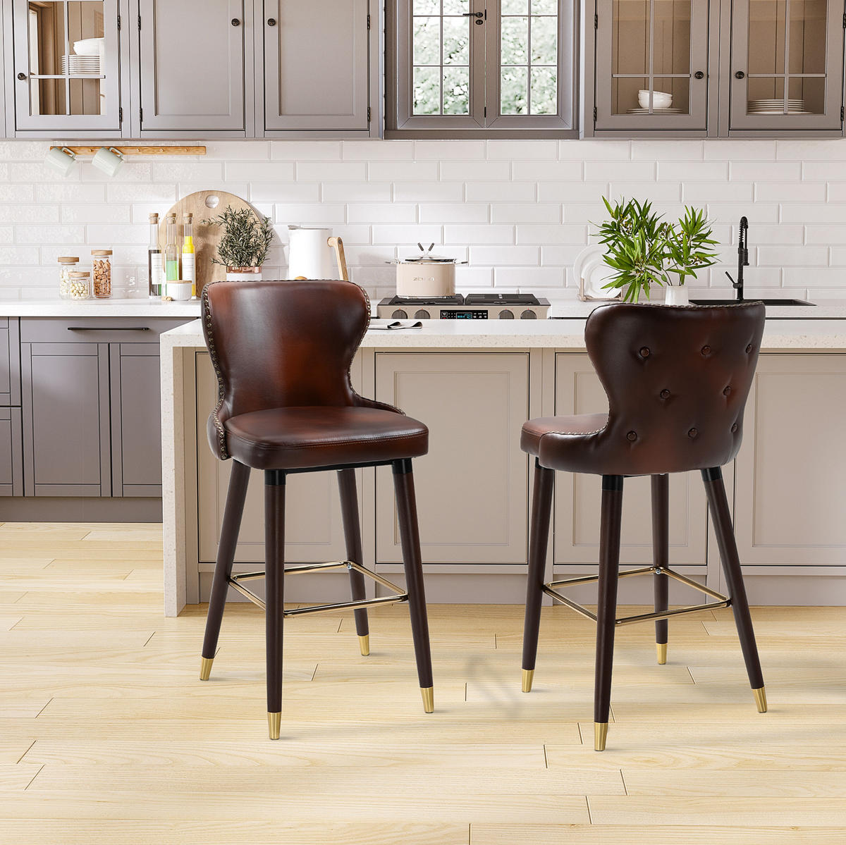BARHOCKER 2er-Set mit Rückenlehne 52x53x101 cm Braun Holz - Braun, Holz (53/101/52cm) - Meubliv