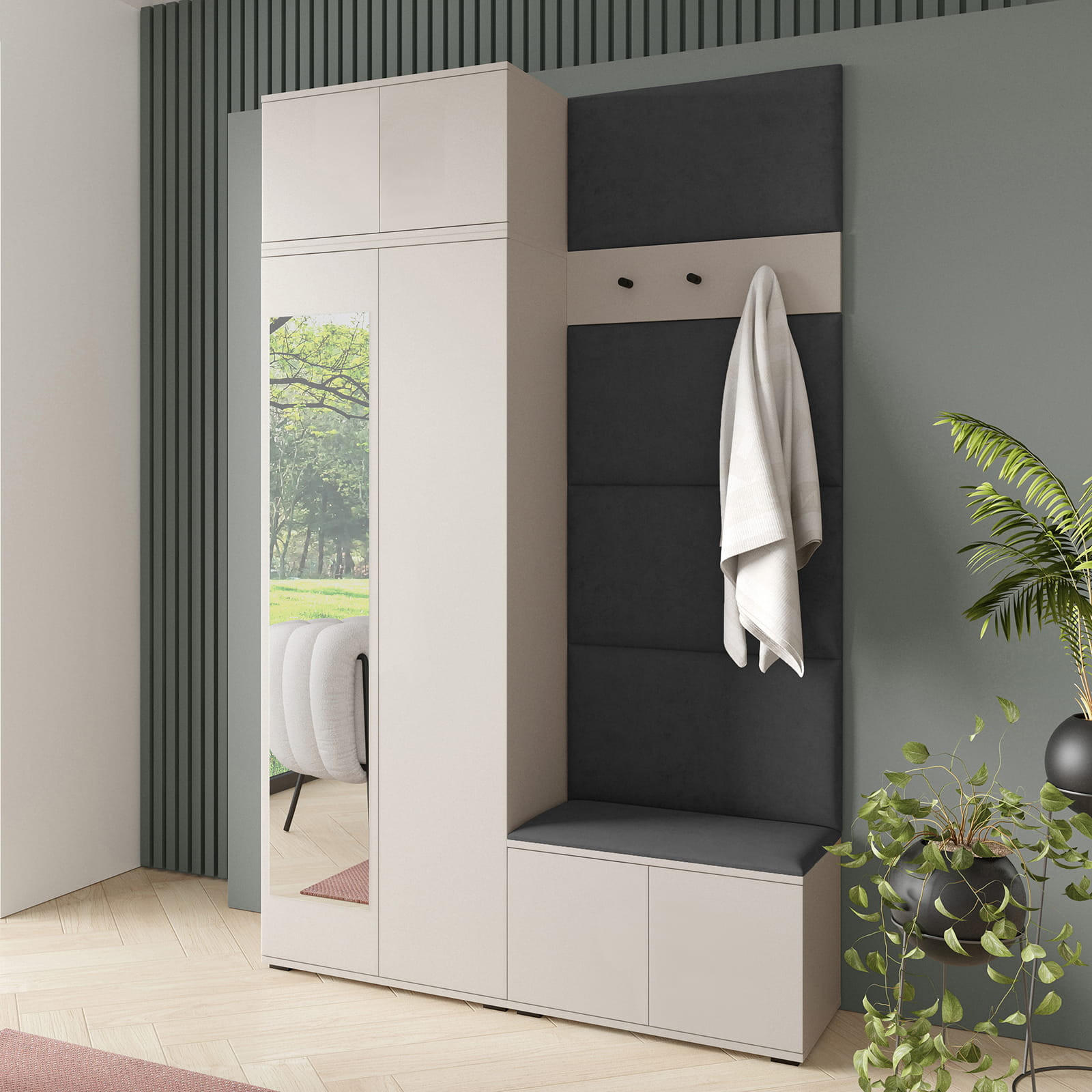 GARDEROBE NAPOLI 4 mit POLSTERPANEELEN DUNKELGRAU - Dunkelgrau/Beige, Holzwerkstoff (140/229/40cm) - Jerpax