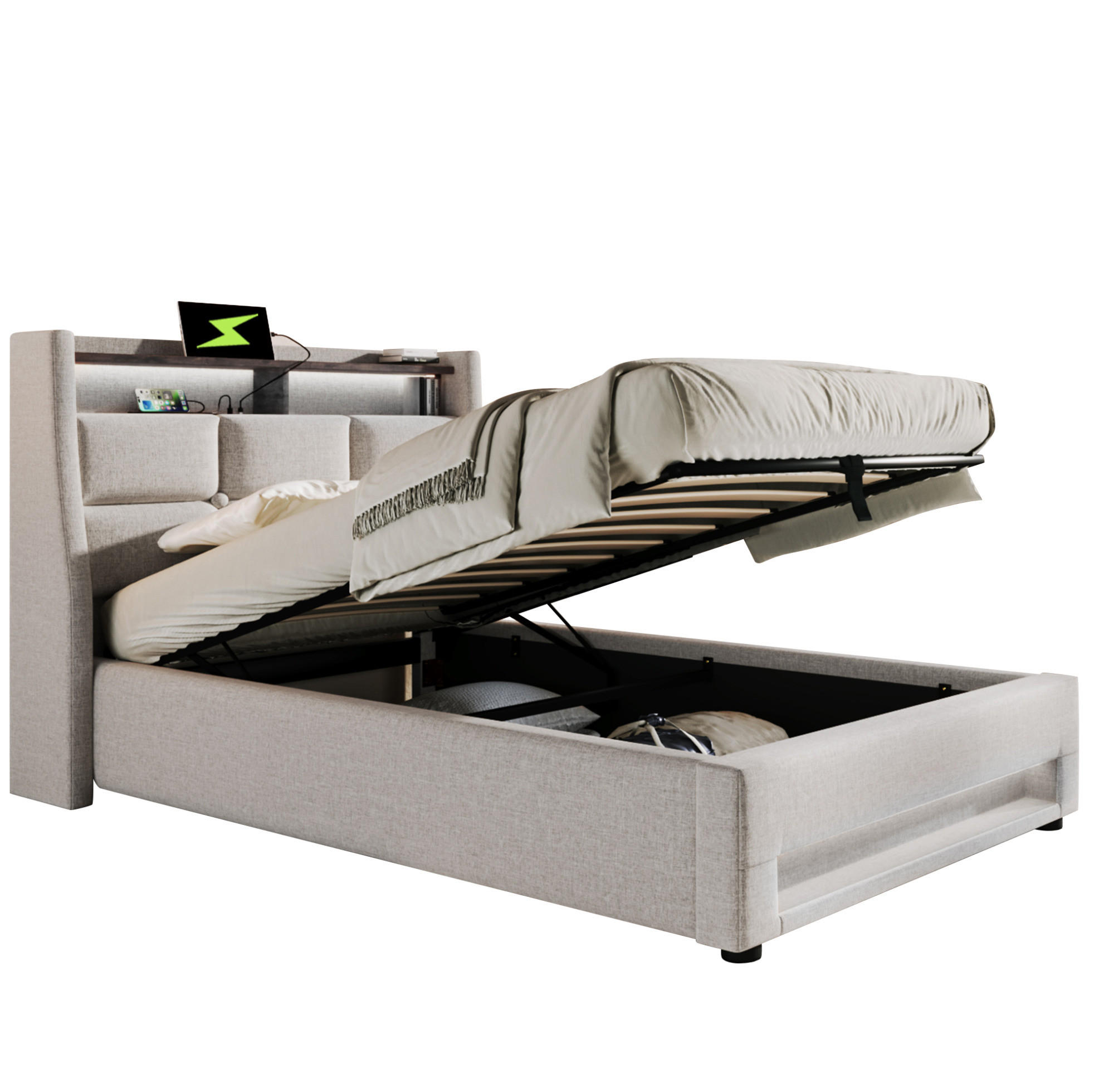 POLSTERBETT 90/200 cm Hellbeige aus Leinenmaterial mit LED und USB - Beige, Textil (90/200cm) - OKMYHOME