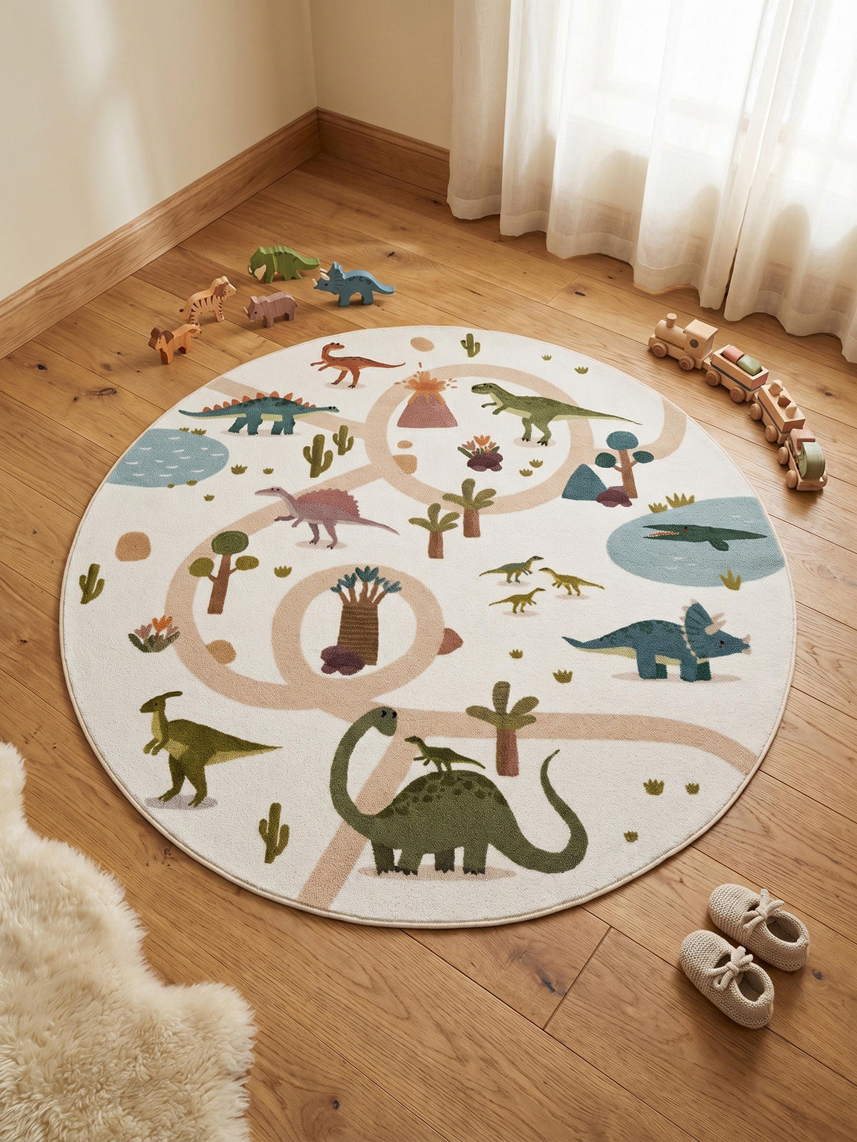 KINDERTEPPICH Kurzflor Dinosaurier-Landschaft Waschbar OEKO-TEX Spielteppich Jungen Mädchen Rund Creme 200x200 – TINO - Creme, Textil (200/200cm) - KADIMA DESIGN
