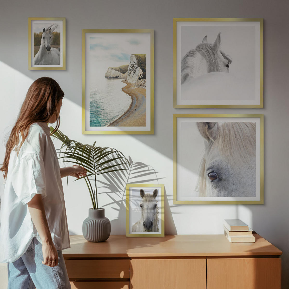BILDER SET 5er Set - 50x50 cm & 20x30 cm & 40x60 cm Goldrahmen - Kontrastierende abstrakte Porträts - Goldfarben, Kunststoff (40/60cm) - TULUP