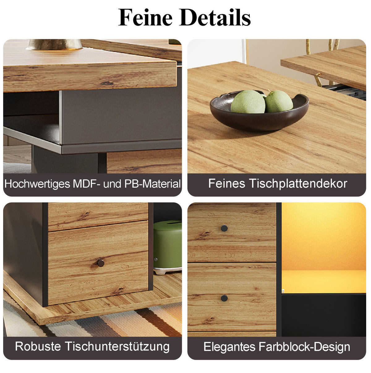 AUSZIEHTISCH 110-140/80/75 cm in Schwarz/Natur mit LED-Beleuchtung & Stauraum - Schwarz, Holzwerkstoff (110/80/75cm) - BEAOK
