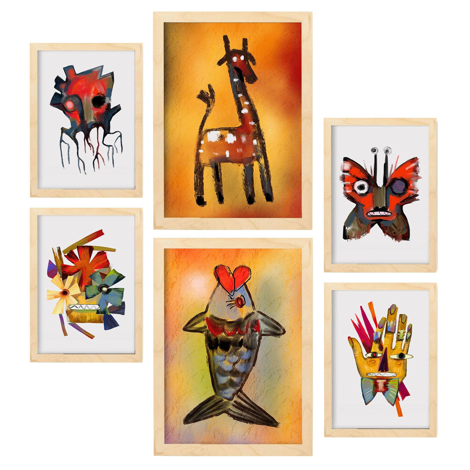 POSTER Set Mit 6 Auffällt 3 In Tiere Zusammenfassungen A3 & A4 Rahmen Aus Hellem Holz - Beige, Papier (29/3cm) - Nacnic