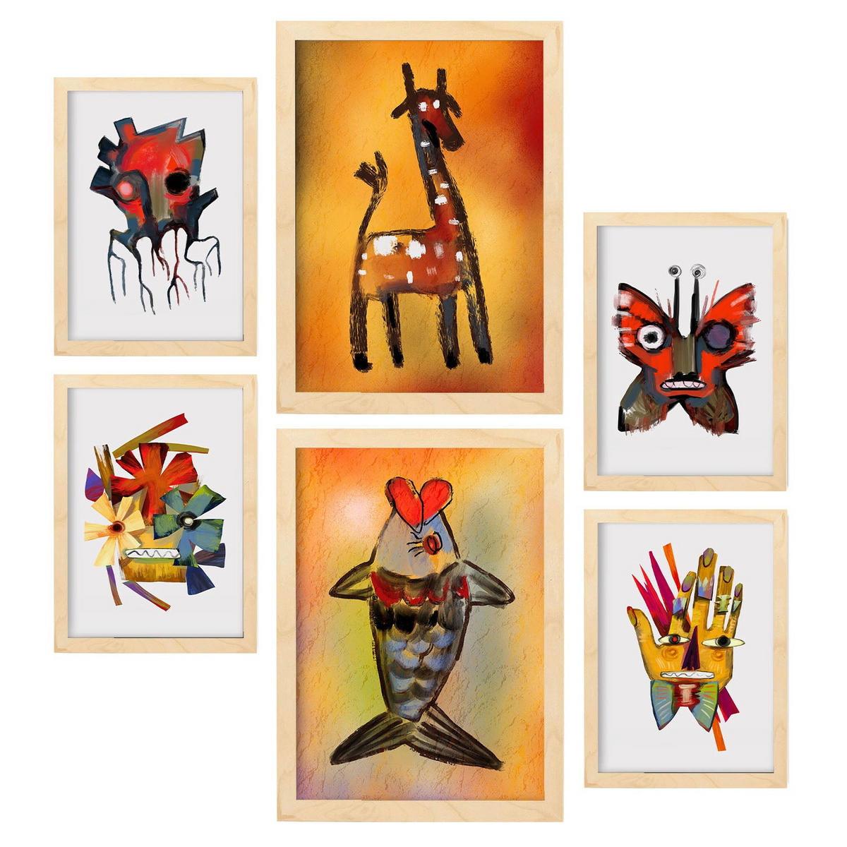 POSTER Set Mit 6 Auffällt 3 In Tiere Zusammenfassungen A3 & A4 Rahmen Aus Hellem Holz - Beige, Papier (29/3cm) - Nacnic