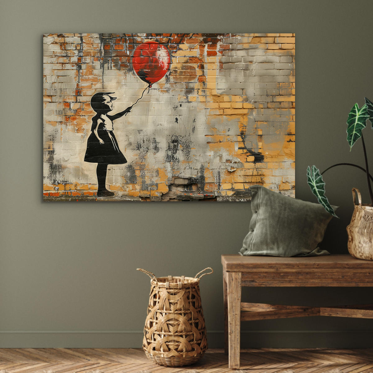 METALLBILD Graffiti - Banksy - Mädchen - Straßenkunst 90x60 cm - Sandfarben, Metall (90/60cm) - MuchoWow