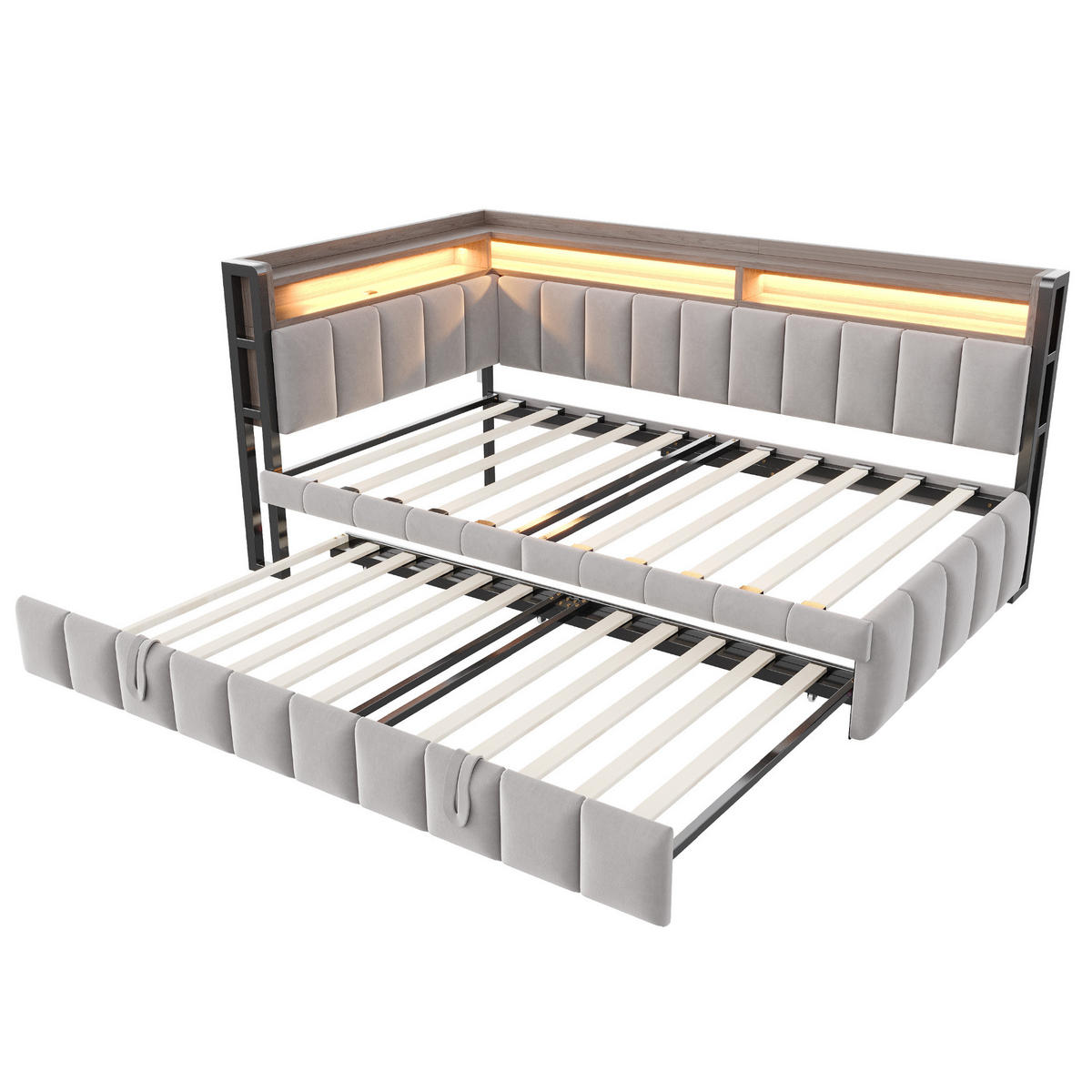 POLSTERBETT 90/200 cm aus Samt mit Ausziehbett LED und USB-Anschluss Hellgrau - Grau, Textil (90/200cm) - Modenvie