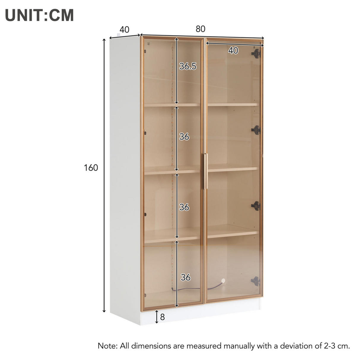 GLASVITRINE aus Spanplatte 80x40x160 cm Weiß mit LED-Beleuchtung, verstellbaren Einlegeböden und Doppeltüren - Weiß, Holzwerkstoff (80/160/40cm) - Modfu