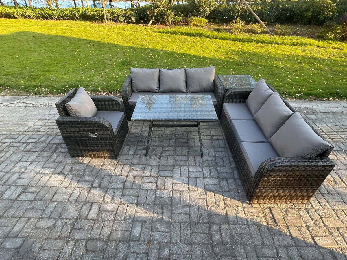 GARTENSET Hohe Rückenlehne Polyrattan 7-Sitzer - Dunkelgrau/Grau, Glas/Kunststoff - Fimous