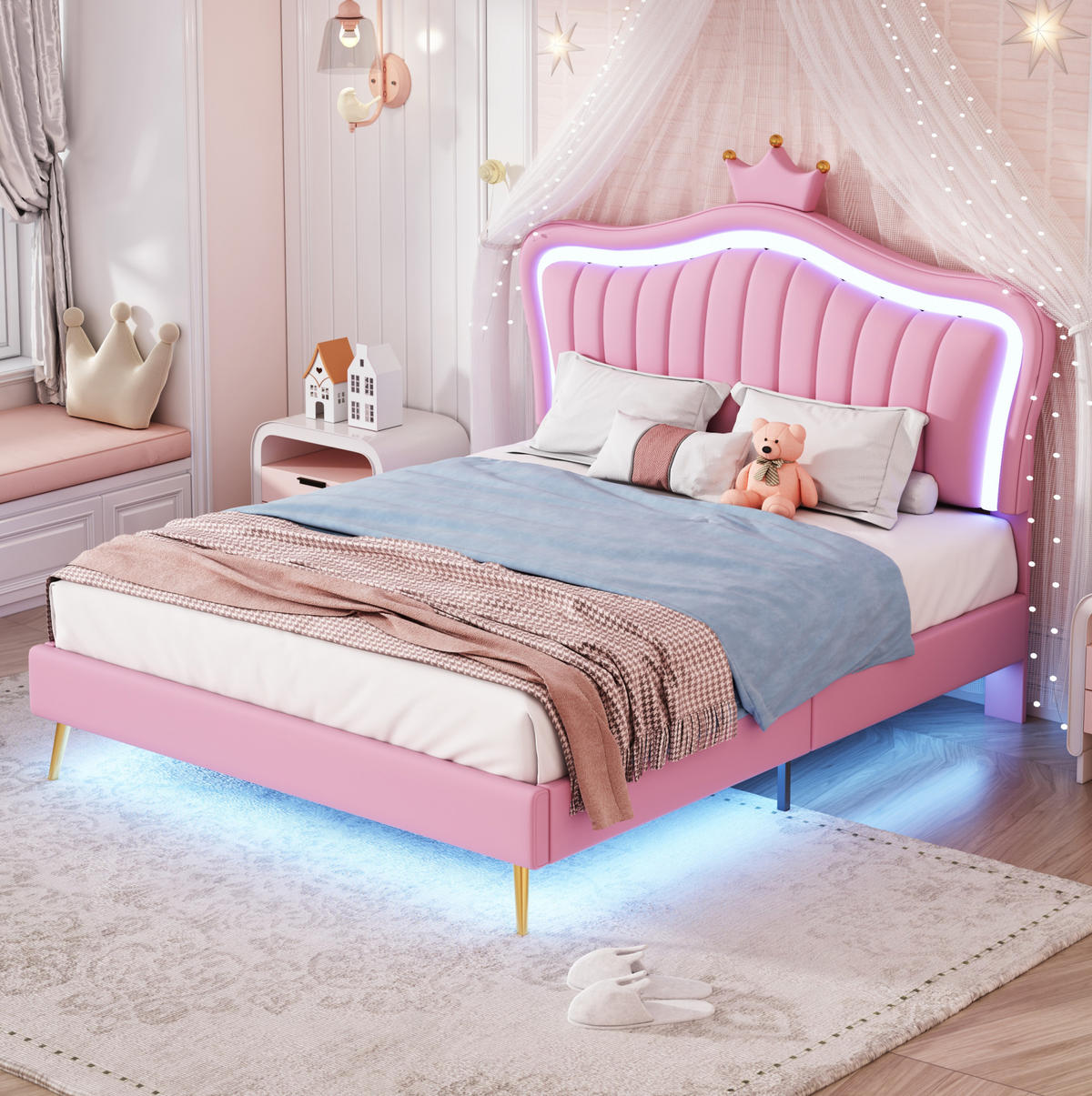 POLSTERBETT mit LED-Beleuchtung 140/200 cm in Rosa mit gepolstertem Kopfteil - Pink, Textil (140/200cm) - BEAOK