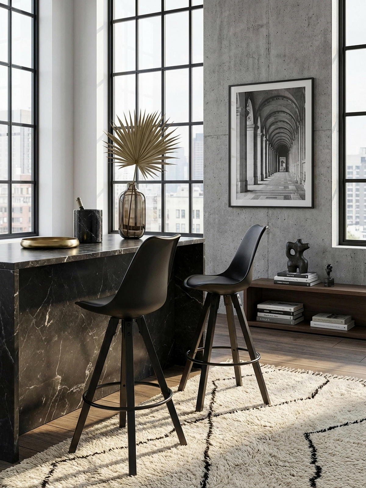 BARHOCKER – Skandinavisch, Kunstleder, Rückenlehne, X-Beine mit Metallring - Schwarz, Holz/Kunststoff (49/113/53cm) - KADIMA DESIGN