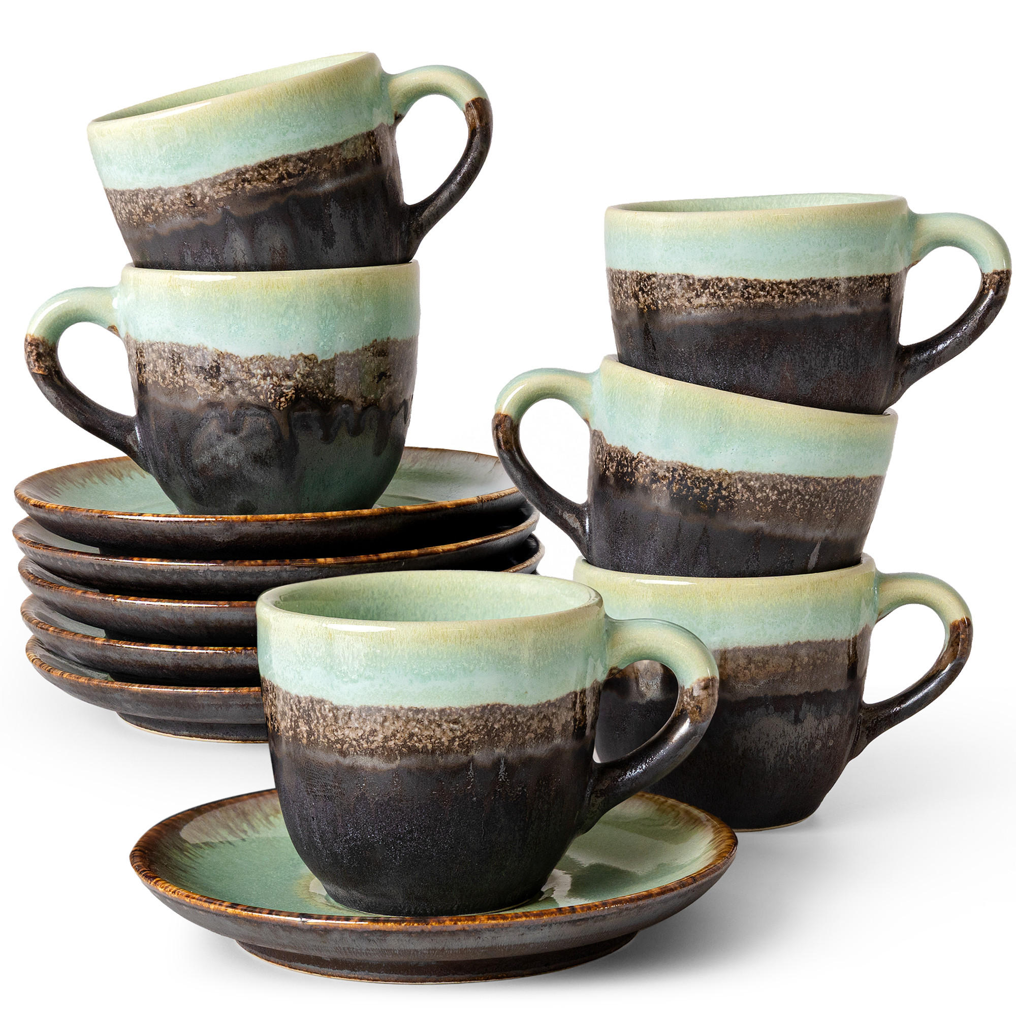 KAFFEETASSE PRIMA, mit Untertasse, 6-tlg, Salbeigrün - Salbeigrün, Keramik (11/7/9cm) - KONSIMO®