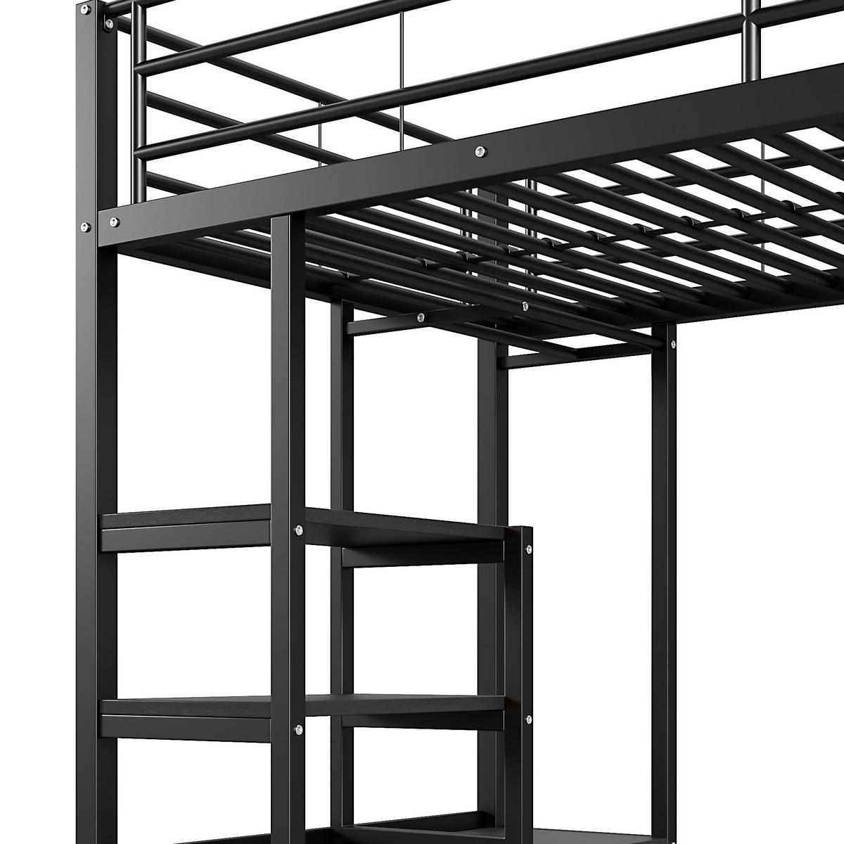 HOCHBETT 90/200 cm Schwarz aus Metall mit Schreibtisch und Regalen - Schwarz, Metall (90/200cm) - OKMYHOME