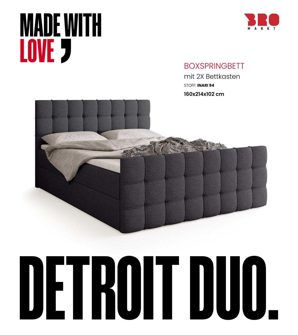 BOXBETT Detroit Duo mit Topper 160/200 Dunkelgrau - Dunkelgrau, Textil (160/200cm) - Bromarkt