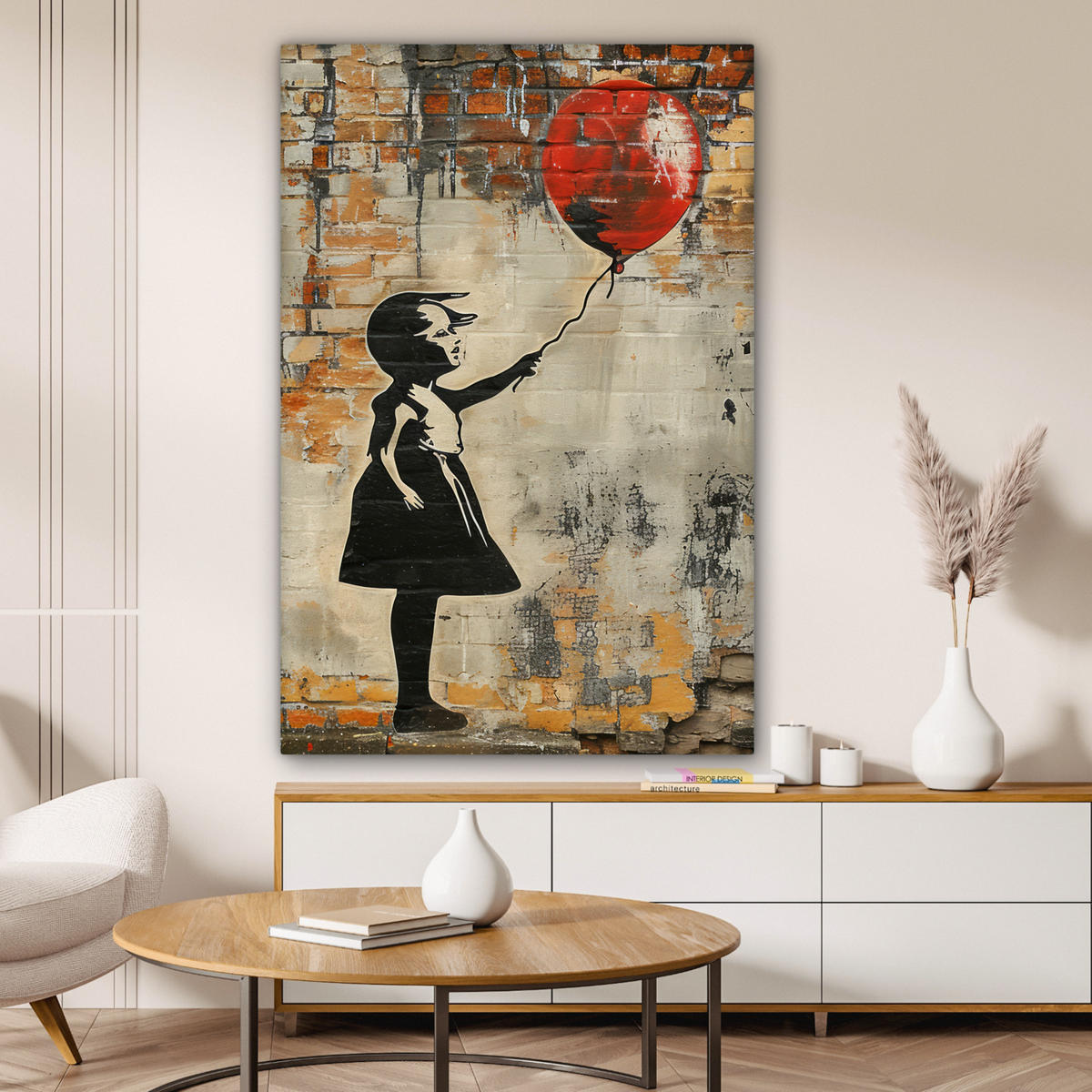 LEINWANDBILD Graffiti - Banksy - Mädchen - Straßenkunst 90x140 cm - Sandfarben, Textil (90/140cm) - MuchoWow