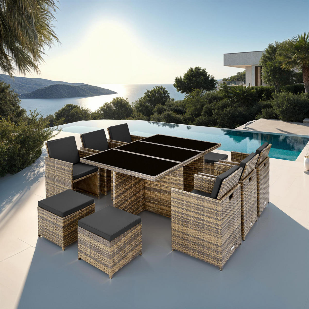 RATTAN SITZGRUPPE New York,2 Bezugssets, zusammenschiebbar, inklusive Schutzhülle,natur - Naturfarben, Kunststoff - tectake