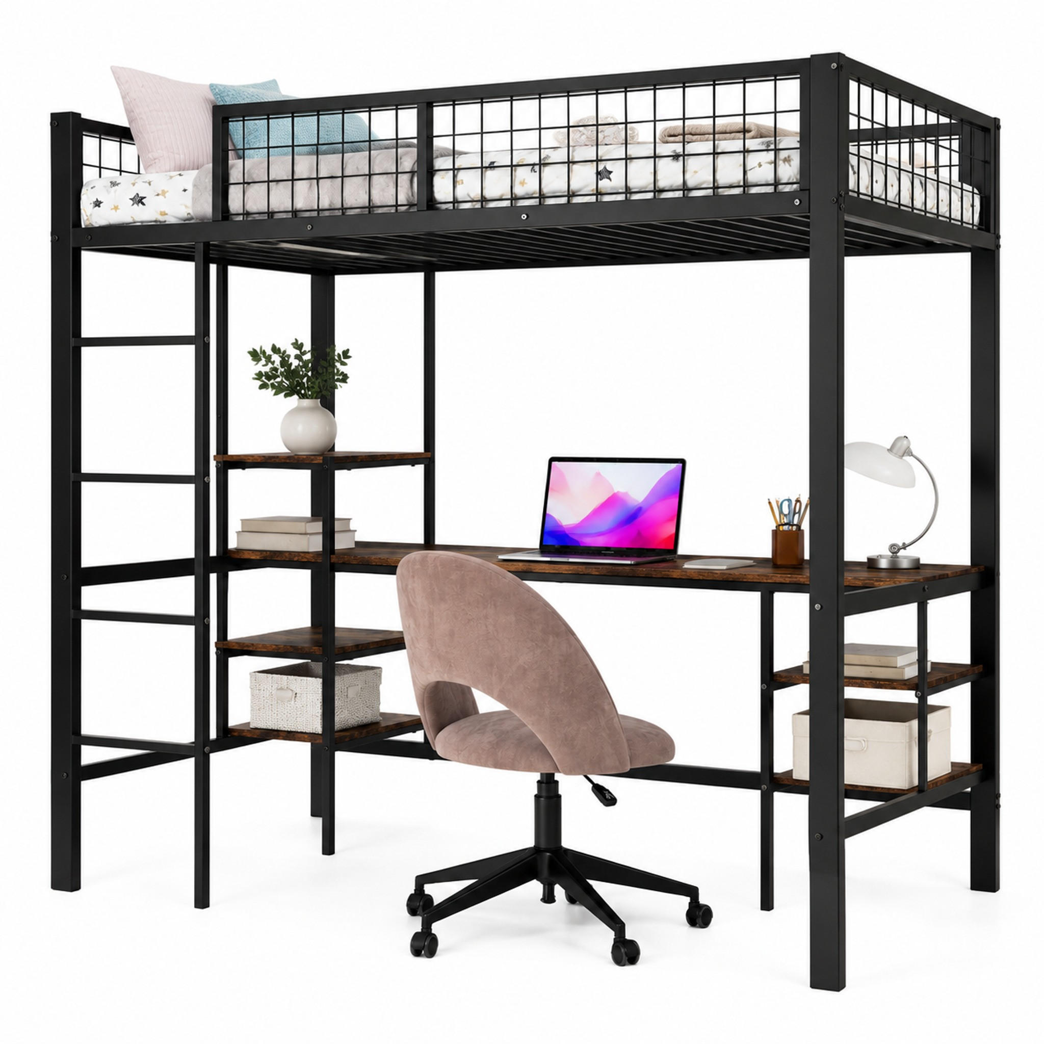 ETAGENBETT mit Tisch und Regal 90x200 cm Metall/Holzoptik Schwarz - Schwarz, Metall (90/200cm) - Meubliv