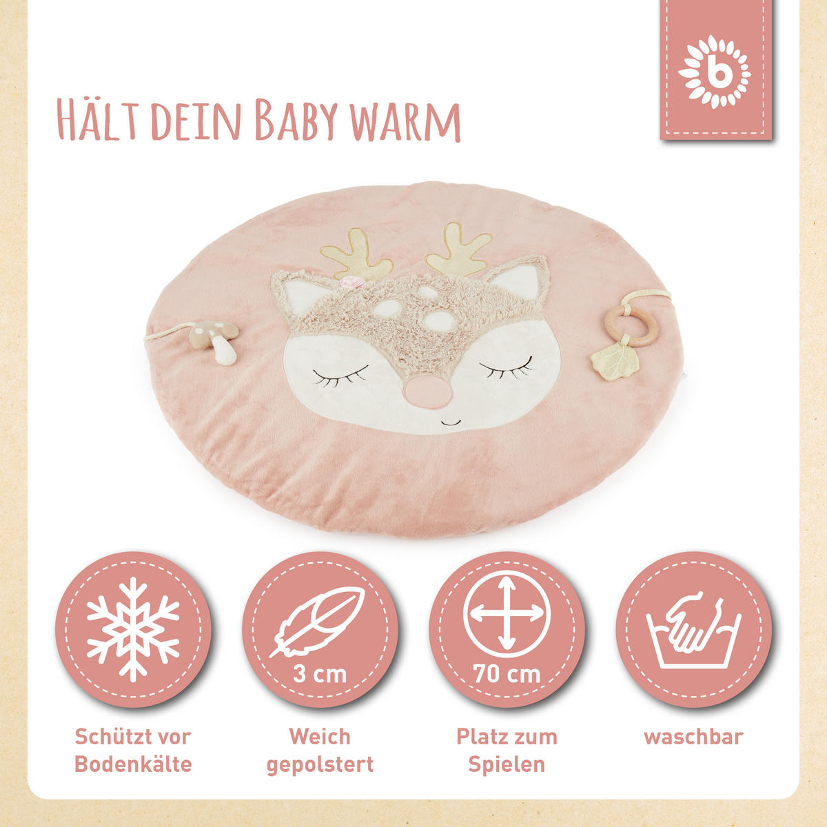 KRABBELDECKE mit Aktivität Reh - Rosa, Textil (70/70cm) - Bieco Spielwaren