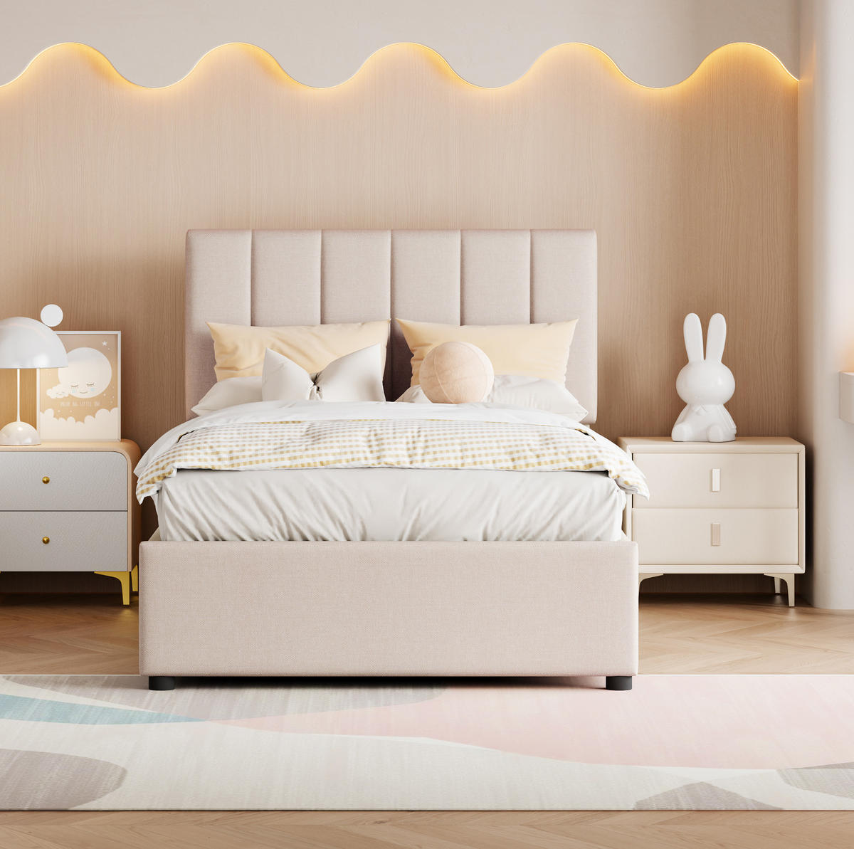 KINDERBETT mit hydraulischem Stauraum 90x200 cm Leinen Beige - Beige, Metall (90/200cm) - Beauniv
