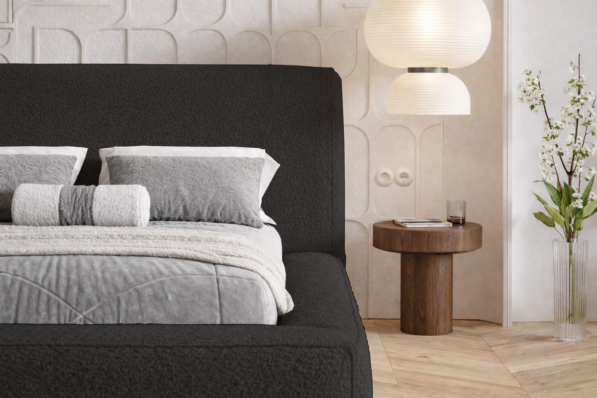 POLSTERBETT Boucle 180x200 Karano, Dicker Schaum, Bettkasten, Schwarz - Schwarz, Holz/Textil (180/200cm) - Emporius