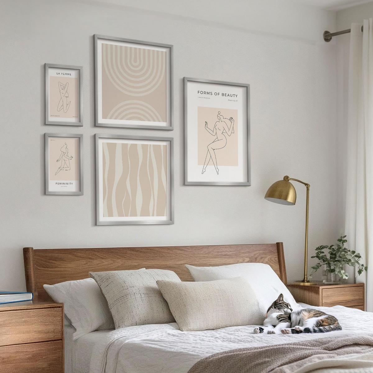 WANDBILDER 5er Set - 50x50 cm & 20x30 cm & 40x60 cm Silberner Rahmen - Eine Sammlung minimalistischer Formen - Silberfarben, Kunststoff (40/60cm) - ArtPrintCave