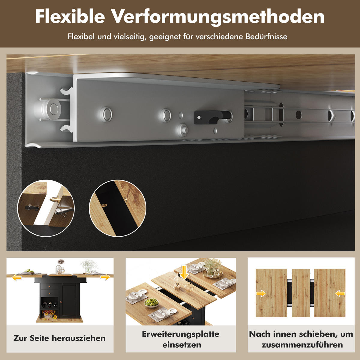 ESSTISCH, ausziehbar 110-140/80/75 cm mit Stauraum & Snack-/Weinregal, Schwarz/Natur - Schwarz, Holzwerkstoff (110/80/75cm) - Redom