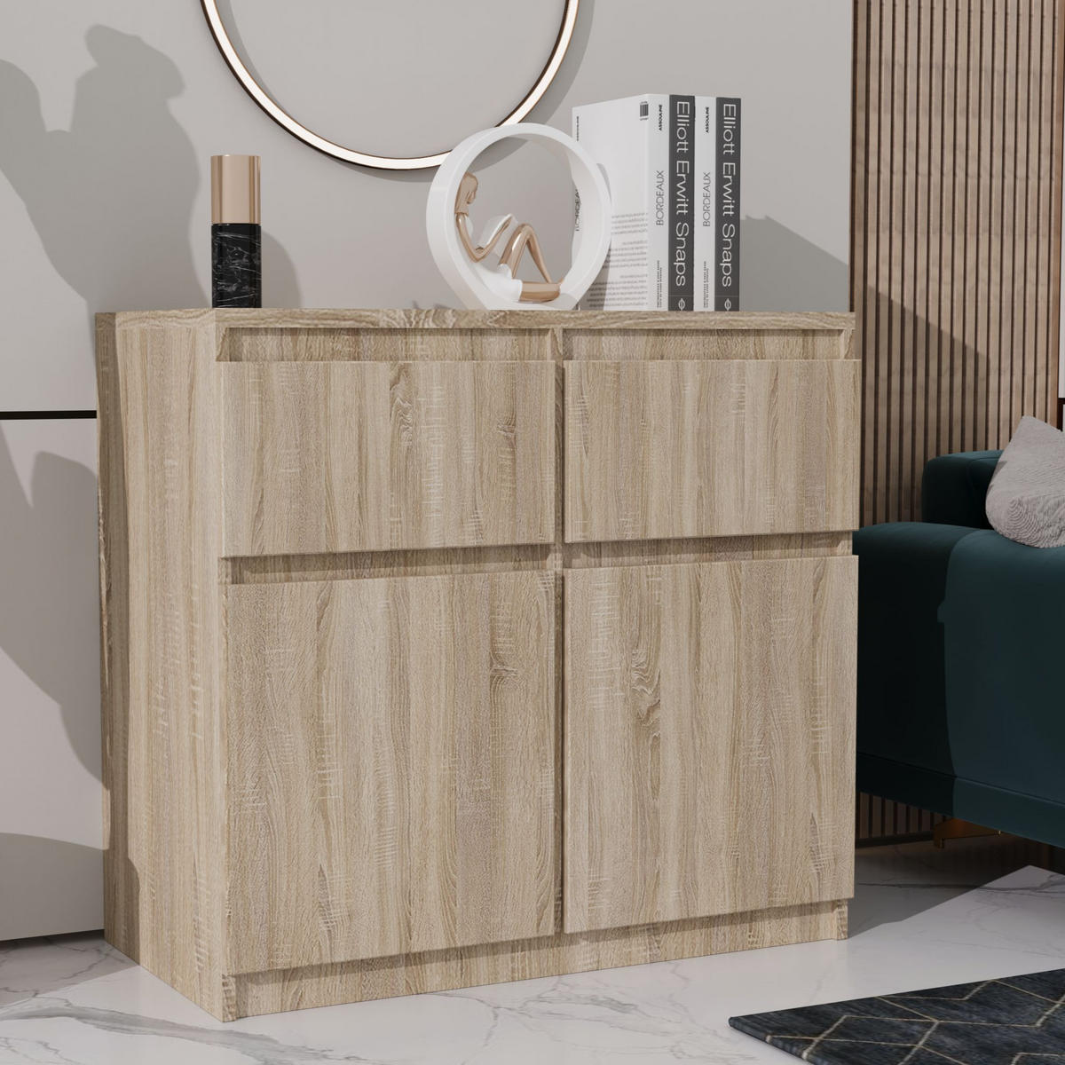 KOMMODE MERAVIGLIA 80/85/33 cm mit 2 Schubladen 2 Türen Sonoma Eiche - Sonoma Eiche, Holzwerkstoff (80/85/33cm) - MASSENO