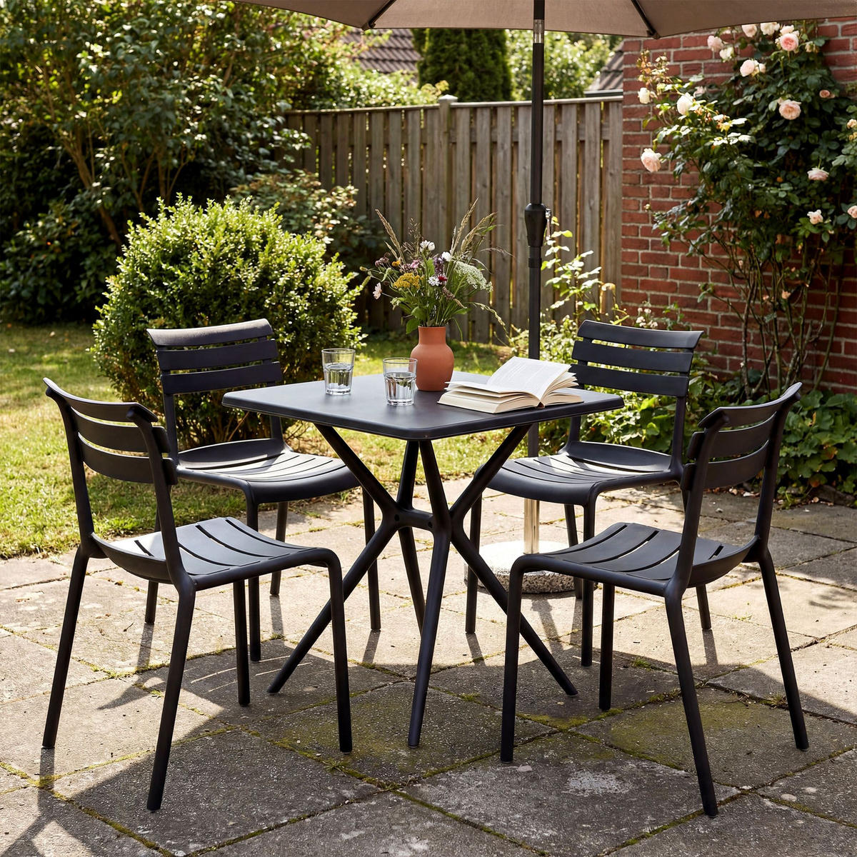GARTENMÖBEL-SET Klara 4 Stühle 190x190x82cm Kunststoff Schwarz Balkonset - Schwarz, Kunststoff - DELUKE