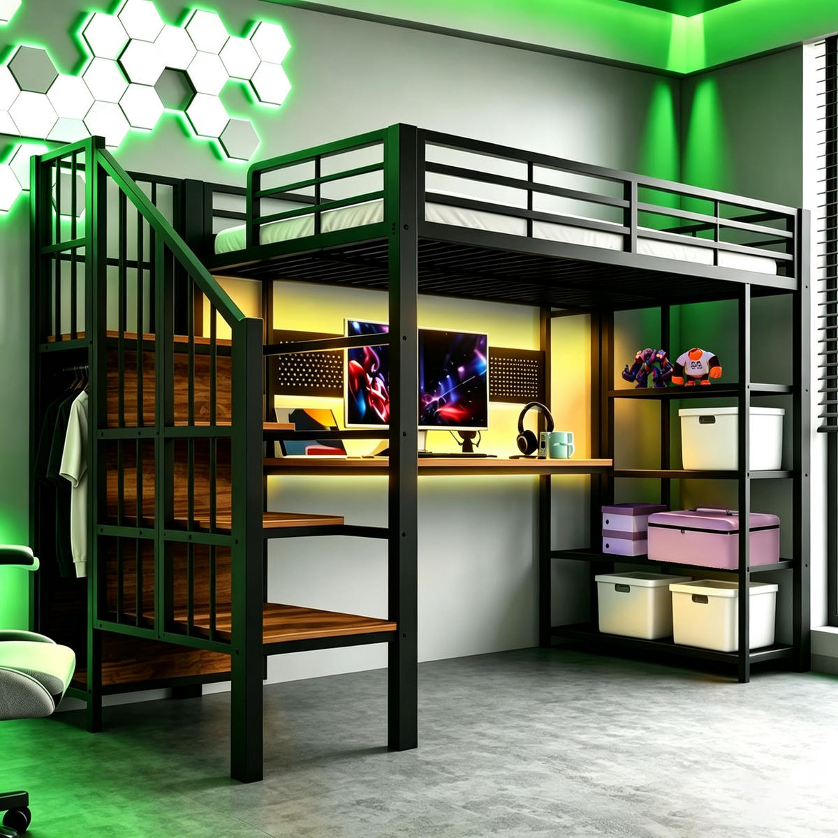 HOCHBETT 90/200 cm in Schwarz mit Treppe, LED und Steckdosen - Schwarz, Holzwerkstoff/Metall (90/200cm) - WISHDOR