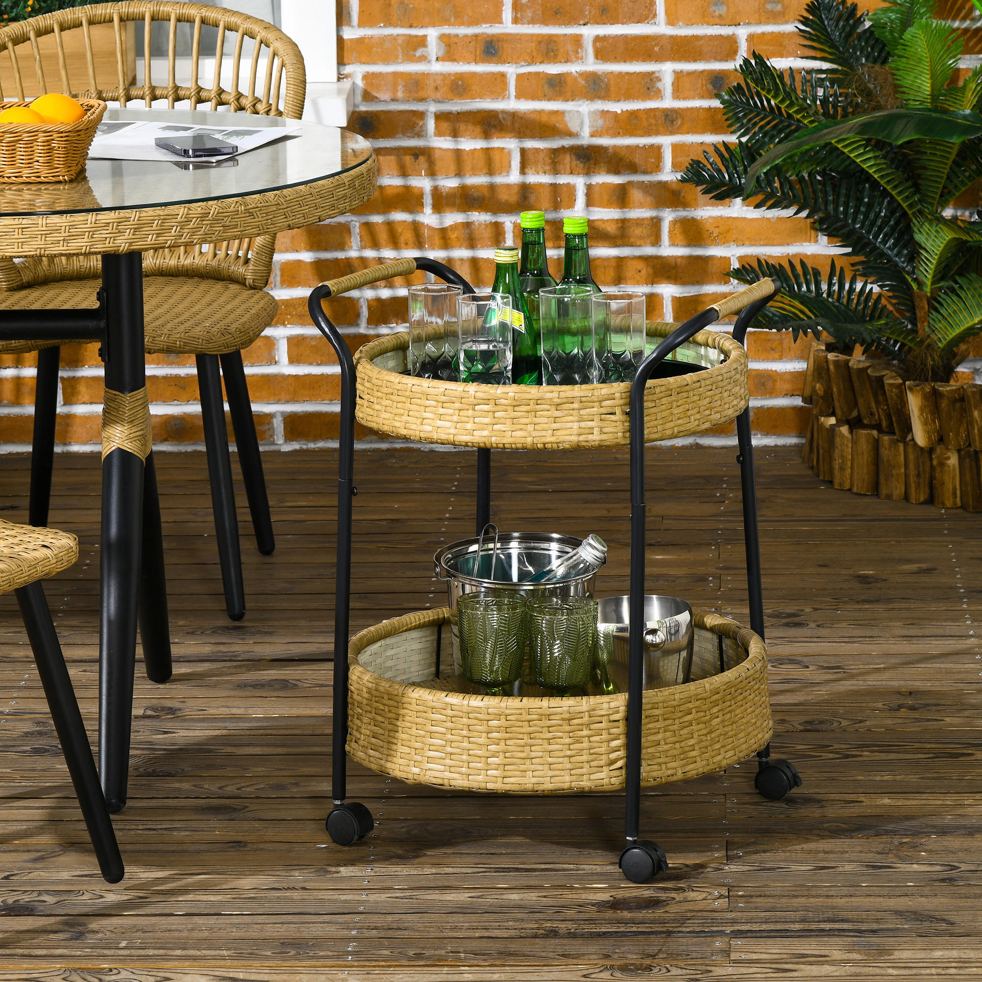 SERVIERWAGEN Rattan Trolley, Natur - Naturfarben, Metall (50/66/50cm) - Outsunny
