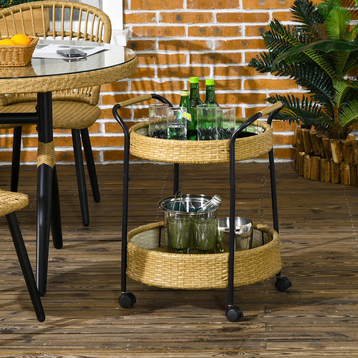 SERVIERWAGEN Rattan Trolley, Natur - Naturfarben, Metall (50/66/50cm) - Outsunny